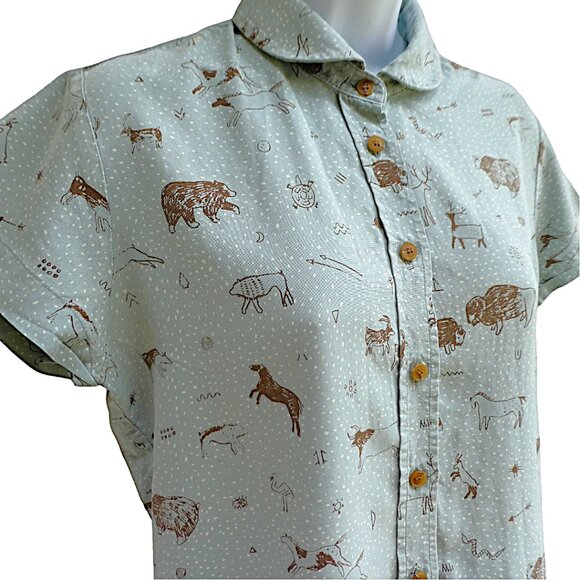 In God We Trust Tops - SiLK In God We Trust NYC Shirt Blouse Button Front Pale Green Cave Drawings USA